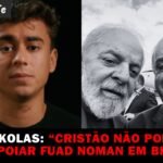Imagem do deputado Nikolas Ferreira durante uma coletiva de imprensa, onde critica o livro de Fuad Noman.