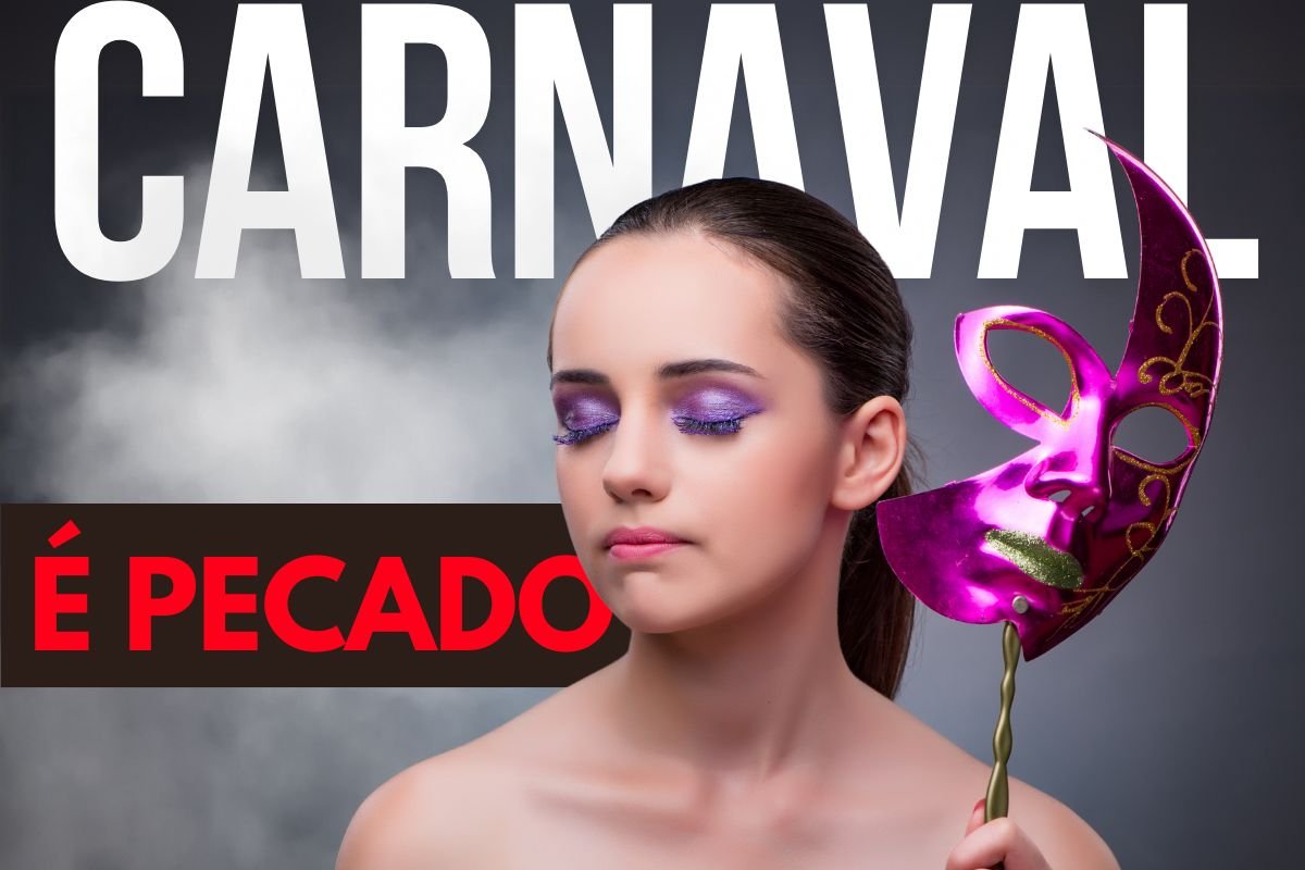 Mulher com olhos fechados segurando uma máscara de carnaval roxa, com a frase 'Carnaval é Pecado' ao fundo