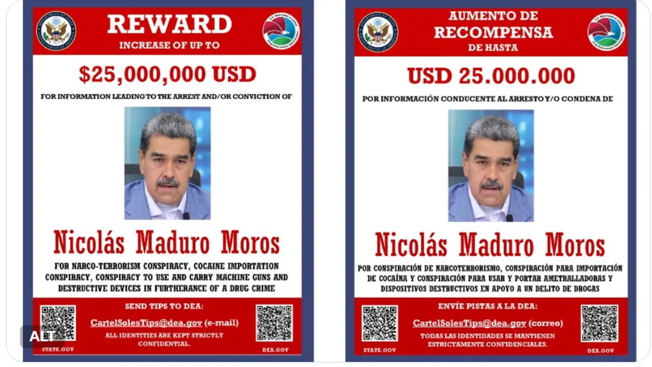 EUA mantêm recompensa de US$ 25 milhões por informações que levem à captura de Nicolás Maduro 4 EUA mantêm recompensa de US$ 25 milhões por informações que levem à captura de Nicolás Maduro - Imagem do artigo original