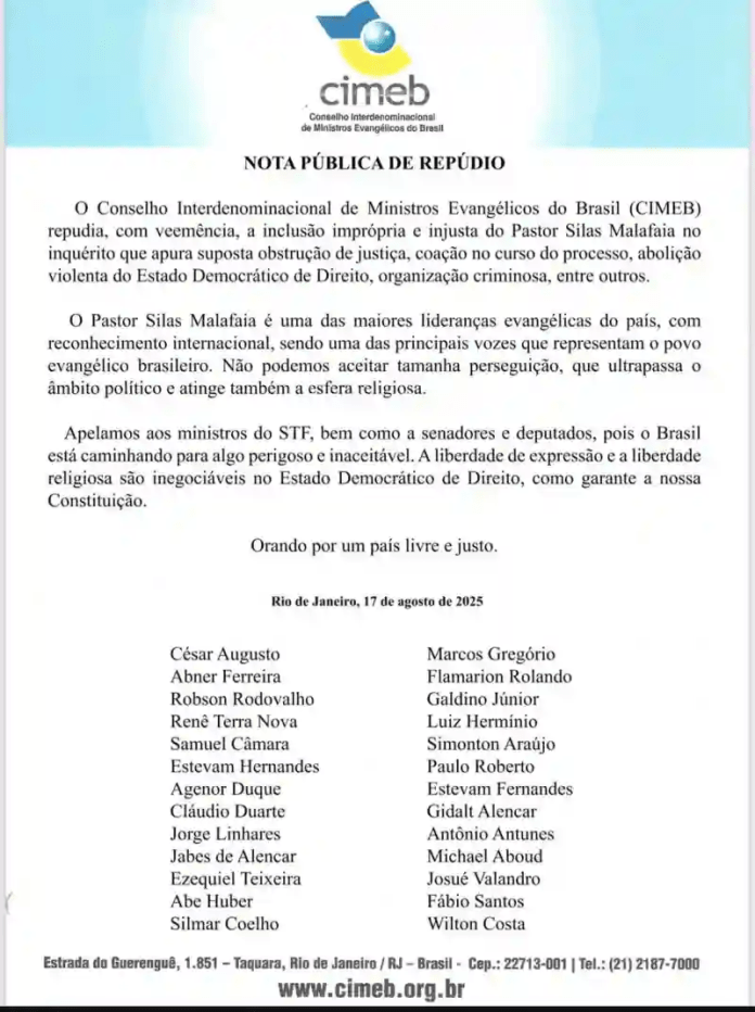 Pastores divulgam nota de repúdio à inclusão de Silas Malafaia em inquérito da Polícia Federal 4 Pastores divulgam nota de repúdio à inclusão de Silas Malafaia em inquérito da Polícia Federal - Imagem do artigo original