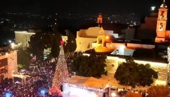 Belém volta a iluminar árvore de 20 m após dois anos de guerra em Gaza 2 ocrente 1765137041