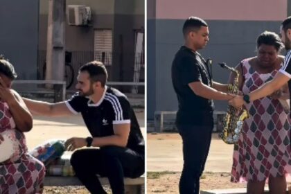Mulher se comove ao receber cesta básica enquanto lia a Bíblia em praça 14 ocrente 1765641998