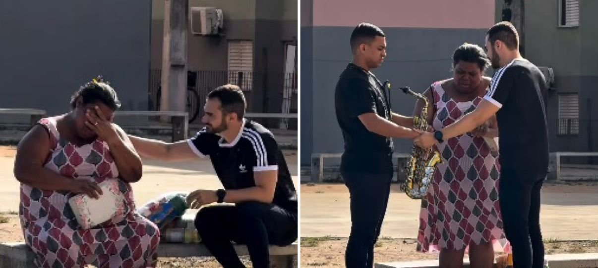 Mulher se comove ao receber cesta básica enquanto lia a Bíblia em praça 2 ocrente 1765641998