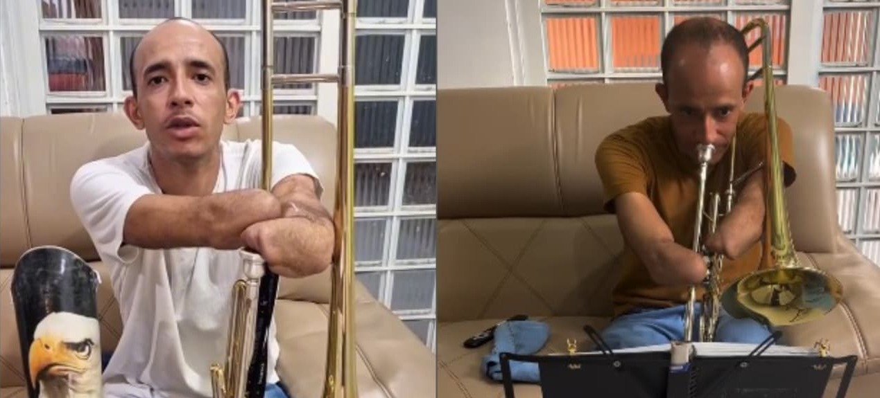 Brasiliense sem mãos supera amputações, aprende trombone e passa a servir na igreja 2 ocrente 1768514661