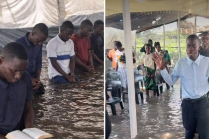 Fiéis mantêm cultos com água até os tornozelos em igreja alagada na cidade da Beira 14 ocrente 1773826463