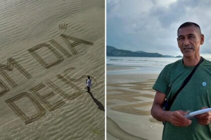 Mensagens cristãs escritas na areia viram atração matinal em praia de Itapema 16 ocrente 1775677752