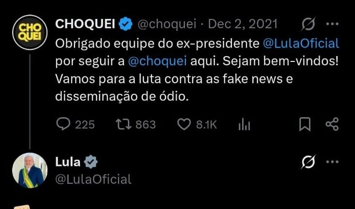 Perfil de Lula no X trocou mensagens com Choquei, cujo proprietário foi preso pela PF 2 ocrente 1776315038