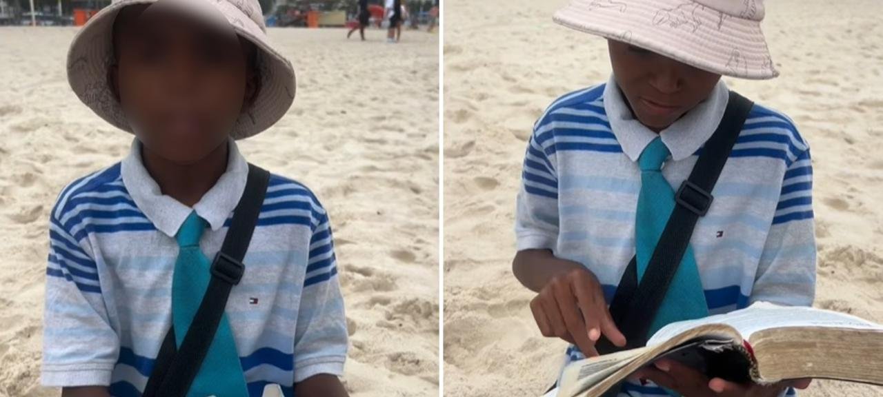 Garoto de 10 anos viraliza ao pregar com Bíblia na mão enquanto vende balas em praia do Rio 2 ocrente 1776772163