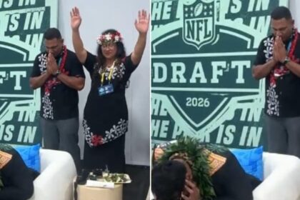 Pais de joelhos e telefone na mão: Francis Mauigoa é escolhido pelo New York Giants durante Draft da NFL 8 ocrente 1777342778