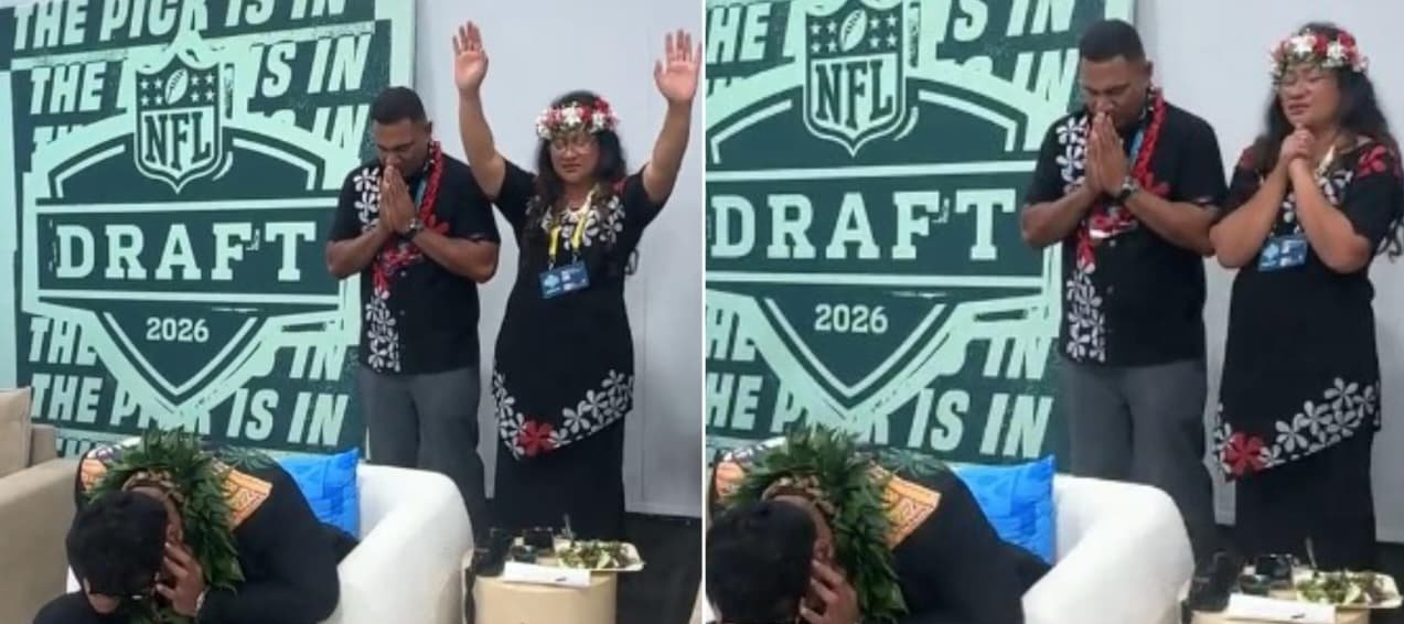 Pais de joelhos e telefone na mão: Francis Mauigoa é escolhido pelo New York Giants durante Draft da NFL 2 ocrente 1777342778