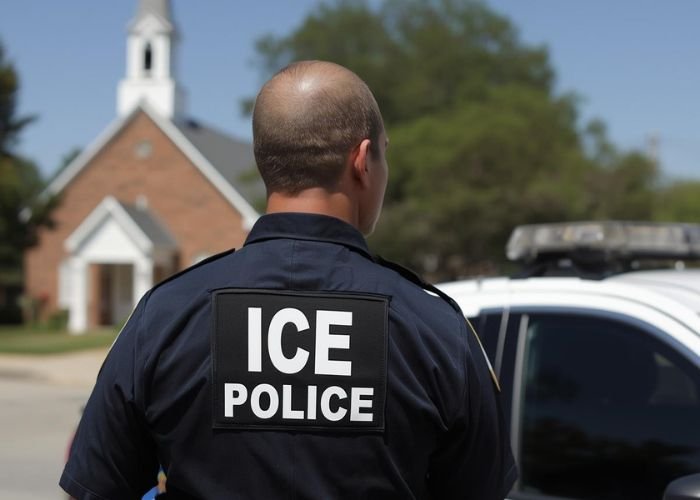 Igrejas processam ICE por espionagem em templo protegido nos EUA 1 Policial do ICE perto de uma igreja nos EUA Foto Folha GospelCanva IA