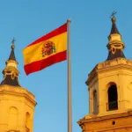 Aliança Evangélica Espanhola lança rede de apoio habitacional para famílias em situação de vulnerabilidade 3 Bandeira da Espanha entre as torres de uma igreja Foto Folha Gospel Canva IA